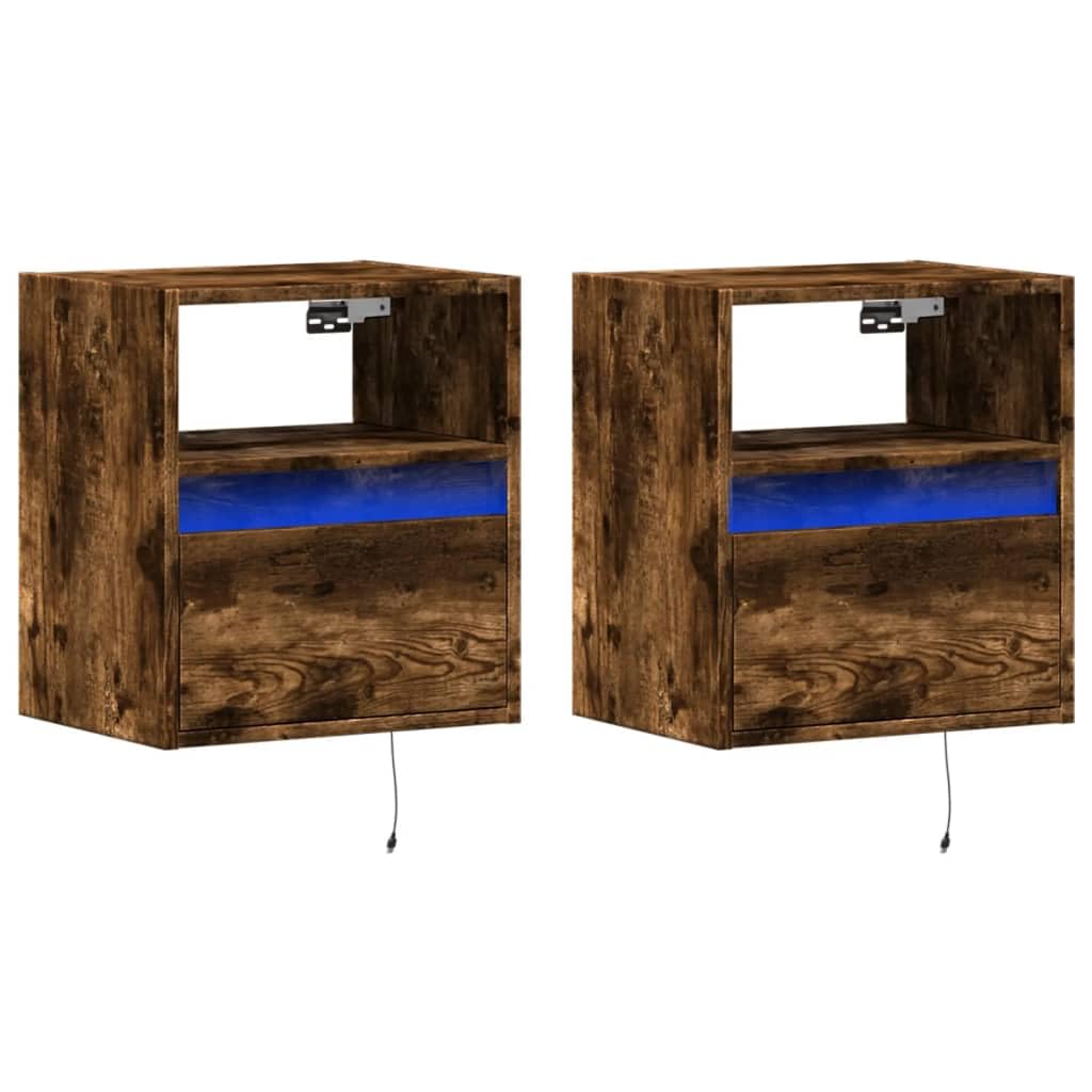 YUANCHUTOP 2 Set LED Wall Cabinet with Drawer & Open Shelf, Floating Nightstand for Bedroom - Small Bedside Table for Office Bathroom Kitchen Floating Bedside Cabinet Oak+Rustic