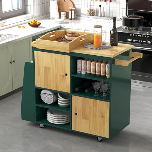 Image of NSdirect Kitchen Island Cart,Kitchen Bar&Serving Cart Rolling on Wheels with Spice Rack Towel Holder Utility Storage Trolley with Storage Drawers,Green