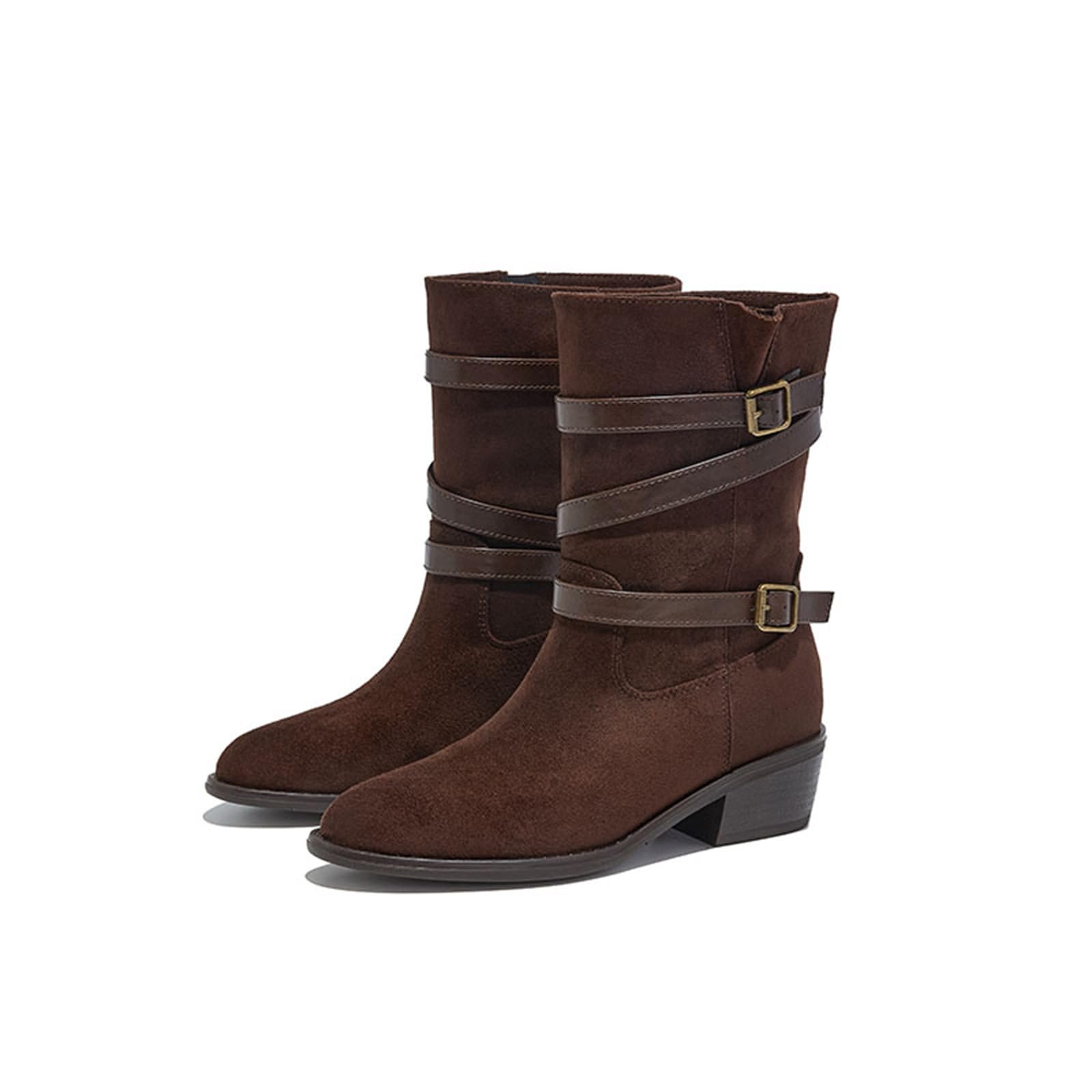 Womens Mid-Calf Boots With Round Toe Low Heel Comfortable Casual Short Boots With Side Zipper Buckle Suitable For