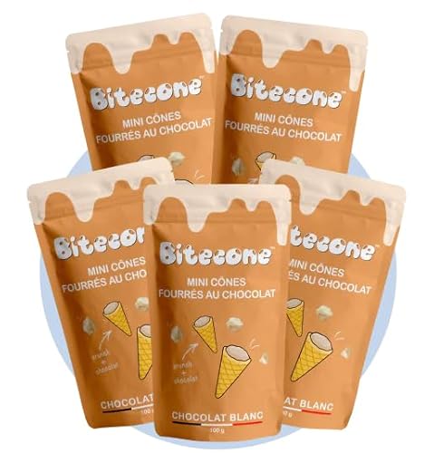 BITECONE - Chocolat Blanc | Fin de Cornet de Glace | Mini cones fourrés | Pack de 5 Sachets | Marque 100% française | Fabrication en Bretagne | Snacks avec Cacao Durable | Sans Huile de Palme | 500g