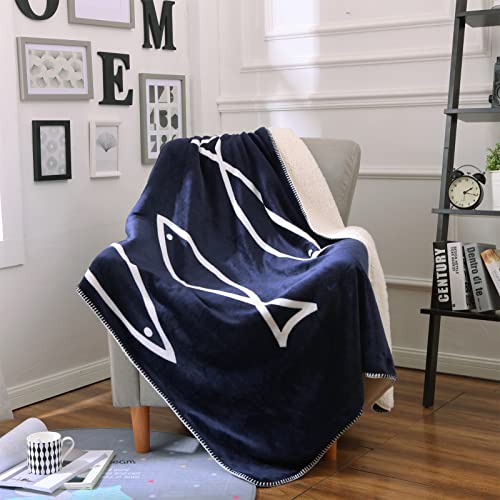 Manta Doble de Franela Suave y cómoda para sofá, de Forro Polar de Cordero, para tapicería, hogar, Viajes, Felpa de Doble Cara, esponjosa, con Estampado de Peces, Azul, 150 x 100 cm