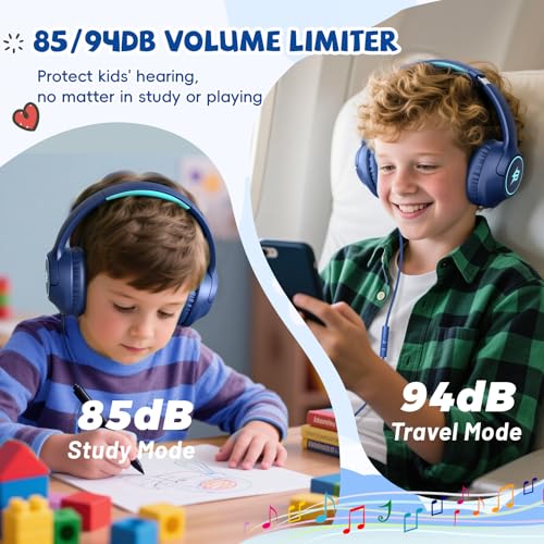 Image of USB C Headphones Wired for Kids, 85 /94dB Volume Limit With Mic, Navy Blue | Kid Headphones for School, Wired Over Ear USBC Plug in Corded Headphones for Boys Girl Toddler, iPad, Tablet, Airplane Travel