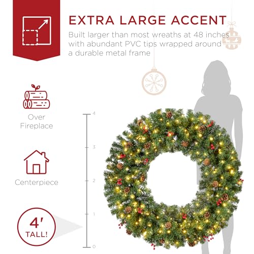 Image of Best Choice Products 48in Pre-Lit Christmas Wreath w /Berries & Pinecones, Large Artificial Indoor /Outdoor Decor for Door, Mantel, Plug-in