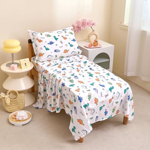 Image of Caressma Toddler Bedding Set Dinosaur Pattern Nursery Comforter for Kids | Cartoon Print 4 Pieces Toddler Bed In A Bag, White Bed Set With Comforter, Fitted Sheet, Flat Sheet & Pillowsham