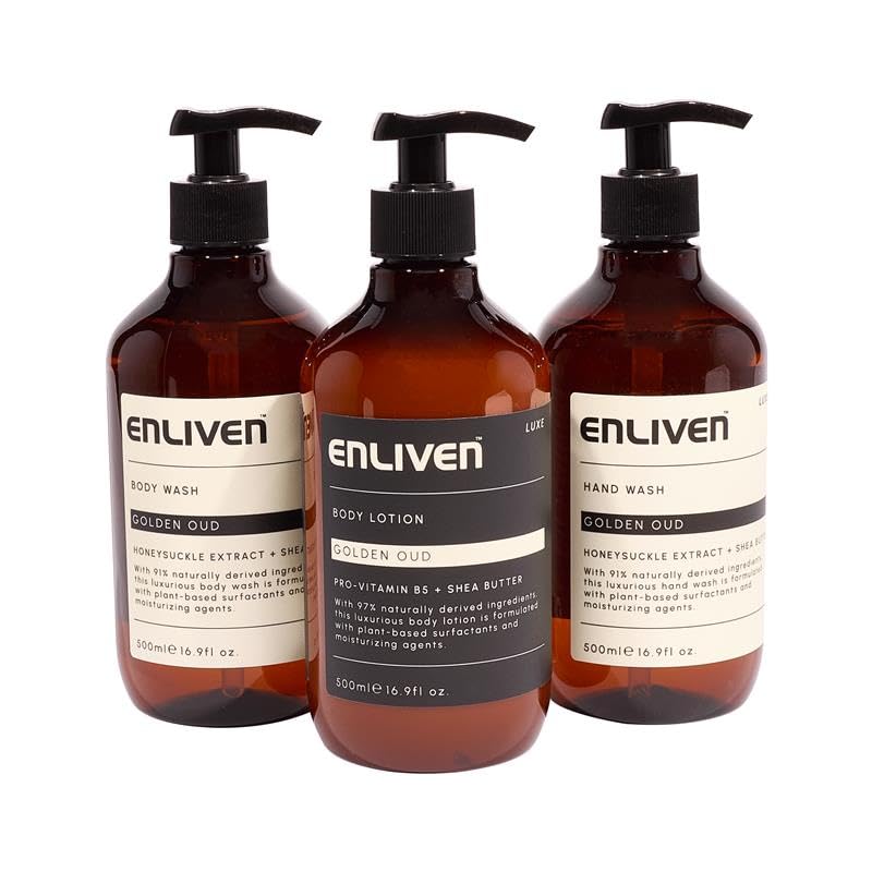 Enliven Luxe Golden Oud Handwash, Shower Gel & Body Lotion Bundle, 500mlx3 Toiletries Set, Luxury Hand Wash