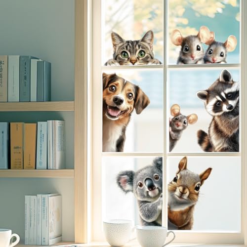 ANATTASOUL Fensterbilder Doppelseitig Eichhörnchen, Hund und Katze...