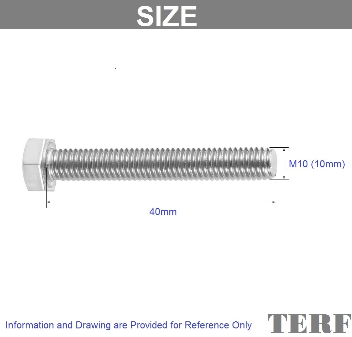 TERF® M10 X 40mm Hex Bolts Fully Threaded Set Screw M10 (10mm) X 40mm Hex Head Cap Hexagonal Bolts - Pack of 10 - Image 3