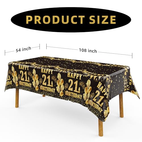 Image of Labeol 3 Pack 21st Birthday Tablecloth, Black and Gold Happy 21st Birthday Decorations, Disposable Plastic Rectangular Table Cover Party Supplies