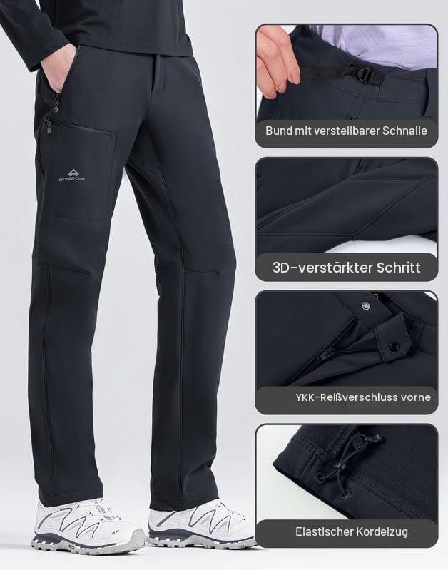 Pioneer Camp Softshellhose Damen Winter Thermo Wanderhose für Frauen Wasserdicht Winddicht Outdoorhose mit 3 Reißverschlusstaschen und Verstellbarer Bund für Herbst Winter