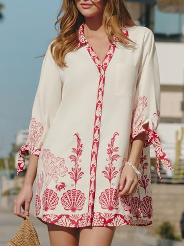 Image of CUPSHE Women Mini Summer Dress Cover Up Oversize Floral Shirt 3 /4 Sleeve Cuff Tie Button Down Beach Dresses Cover Up Top