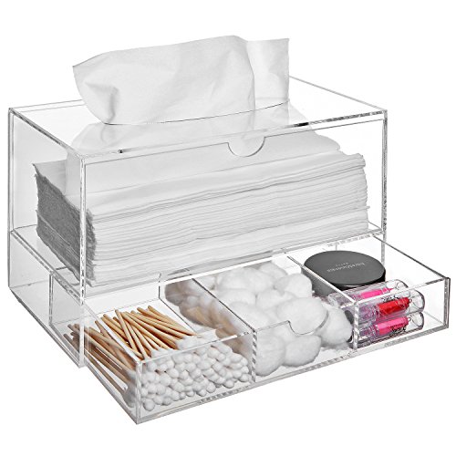 Image of Modern Clear Acrylic Countertop Pull Out Storage Drawer / Cosmetic Organizer Box w / Tissue Dispenser