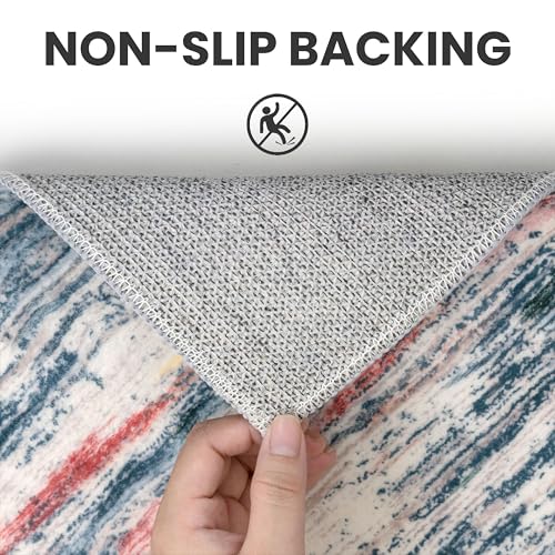 Teal Blue Peach Gray Multi 5x7 Modern Abstract Area Rug for Bedroom, Large Super Soft Washable Rug with Non-Slip, Non-Shedding Throw Rugs for Living Room, Indoor Door Mat For Office Home Décor