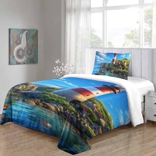 Housse de couette 135x200 cm imprimée 3D microfbre Le Phare parure de lit avec taie - 5