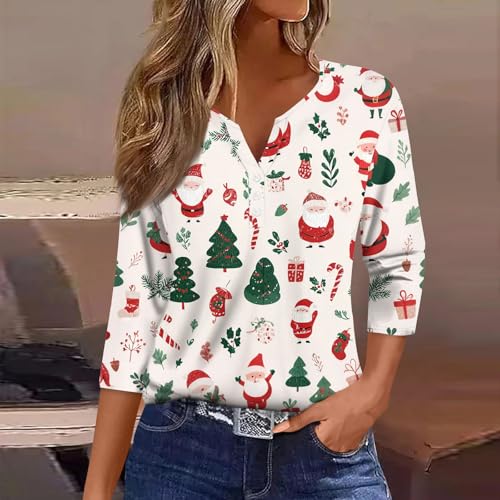 Image of Women Christmas Shirt 3 /4 Length Sleeve Henley Tops Xmas Outfits