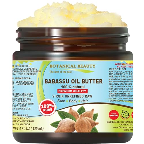 Botanical Beauty BABASSU OIL BUTTER Pure Natural VIRGIN UNREFINED RAW Cold-Pressed for Face Skin Body Hair Lip Nails. Rich in Vitamin E Vitamin C (4 Fl Oz)