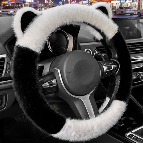 knictto Cute Pink 3D Cat Ear Plush Two-Color Warm Fleece Steering Wheel Cove for Women Girls Universal 14.96" Fit for Sedans (White-Black)