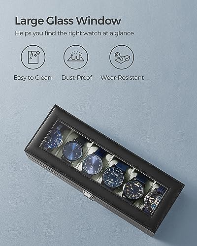 Image of SONGMICS 6-Slot Watch Box, Glass Topped Watch Display Storage Case as Gift, with Velvet Lining, Cushions, and Lock, Black UJWB06BK