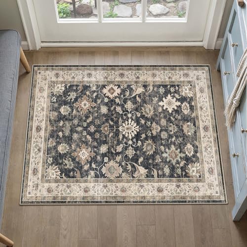 HUGEAR 2x3 Entryway Area Rug Vintage Black Small Rug Machine Washable Door Mat Retro Floral Low Pile Carpet Vacuumable Distressed Throw Rug Entrance Kitchen Bathroom Farmhouse Playroom Non S