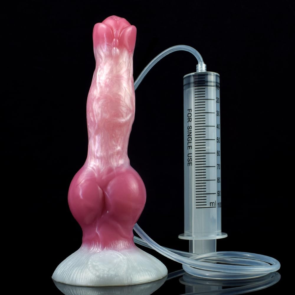 Realistic Ejaculation Dog Dildo with Sucker 8'' Animal Big Knot Dildo Anal Plug Sex Toys Silicone Squirting Dildo Adult Sex Products, Pink White