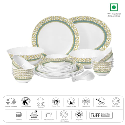 Image of CELLO Morris Imperial Plus Series Opalware Dinner Set of 33 Pieces For Family of 6 | Bone-Ash Free & Leadfree Opal Glass Microwave & Dishwasher Safe Crockery Plates & Bowls Set For Daily Use & Gifting