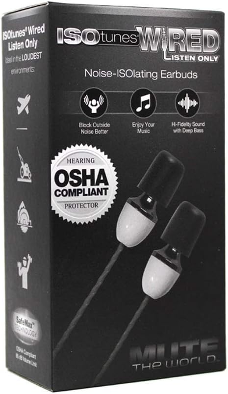 ISOtunes Wired Earplug Headphones, 29 NRR, IPX5 Waterproof, OSHA Compliant Noise Isolating Earbuds, Listen Only