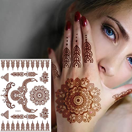 Brown Henna Temporary Tattoo Stickers 8 Sheets Henna Stickers Exquisite Lace Flower Mandala Waterproof Fake Tattoos Stickers Flower Design For Women Girls Arm Legs Decor Party Decorations Body Art #TOP20