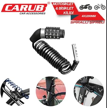 CARUB Spiralli Şifreli Bisiklet ve Motosiklet Kilidi, 4 Haneli Kombinasyon, Siyah, 4x1200mm