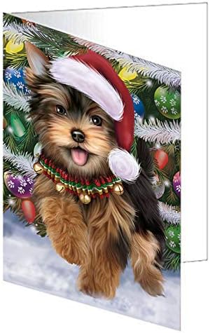 Doggie of the Day Christmas Light Yorkshire Terrier Dog Note Cards - Adorable Pets Invitation Cards with Envelopes - Pet Artwork Christmas Note Cards (10 Note Card)