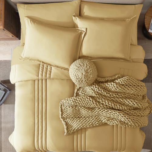 Image of Queen Comforter Set-7 Pieces Butter Yellow Bed in a Bag Queen Bedding Sets