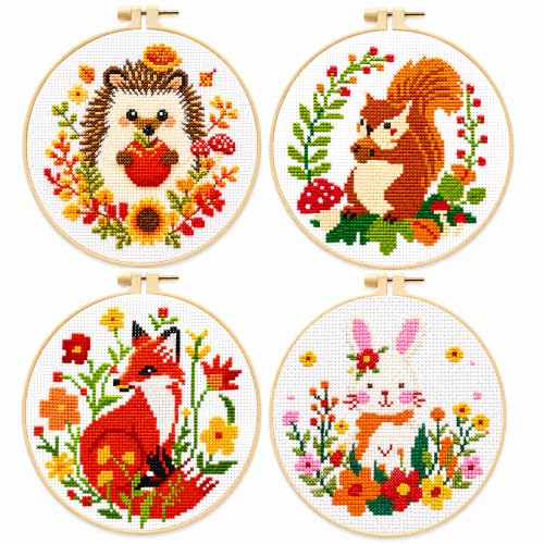 Image of Zhenqing 4 Pack Woodland Animal Stamped Cross Stitch Kit, 11CT Printed Fox Squirrel Hedgehog Bunny Patterns with Hoop and Tools for Adults and Beginners
