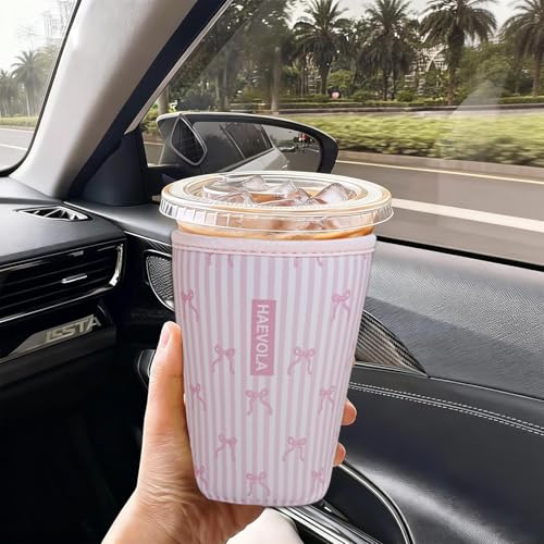 Image of Reusable Insulated Neoprene Iced Coffee Cup Sleeve, Durable Drink Sleeve for Cold Beverages, Beverage Holder for Iced Coffee (Pink Striped Bows)