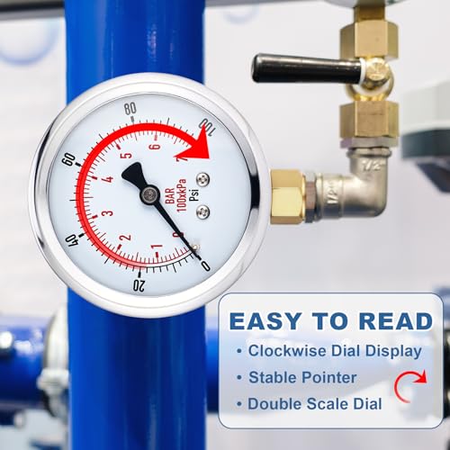 Image of Flutesan 6 Pcs 0-100psi Low Pressure Gauge 2.5 inch Face Dial Size 1 /4 NPT Lower Mount Waterproof Pressure Gauge with Stainless Steel Case for Pool Water Pump Tire Water Oil Air