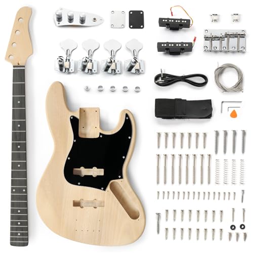 Ktaxon DIY Electric Guitar Kit, 46Inch DIY Bass Guitar Kit with Mahogany Body, Solid Wood Fingerboard and Maple Neck, Easy Installation & All Accessories Included to Build Your Own Guitar(Kjazz)