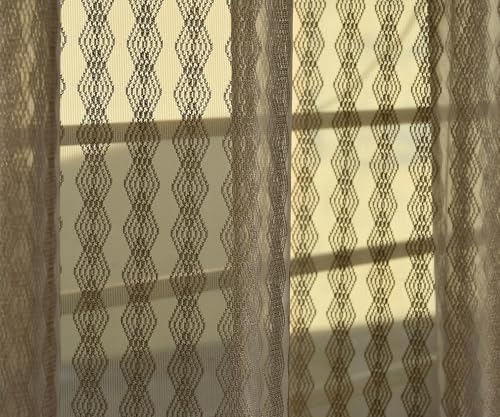 Image of Premium Sheer Net Curtain for Long Door 10 Feet | Transparent Net Fabric with Geometric Design | Pack of 1, Chikoo