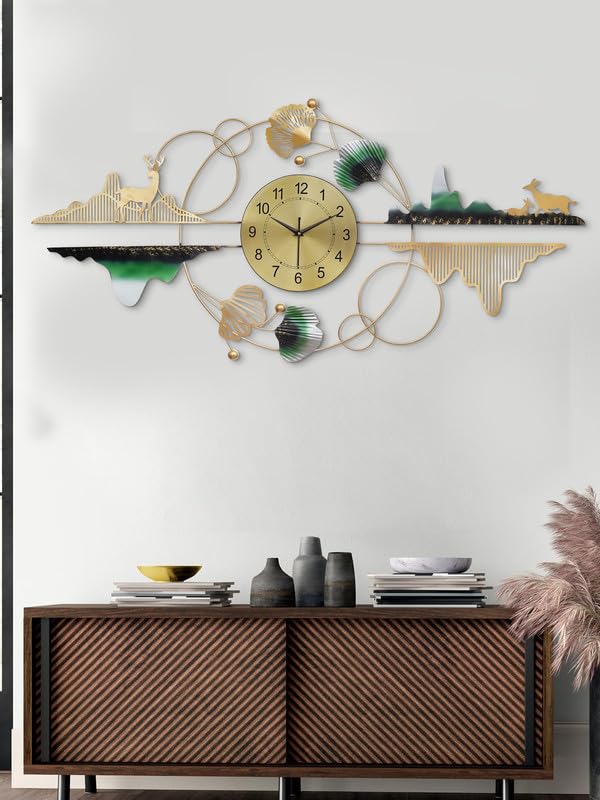 Image of CHRONIKLE Designer Iron Golden and Green Analog English Numerals Wall Hanging Clock for Living Room Bedroom Home Office Timeless Decor (Size: 120 x 2.5 x 56 CM| Weight: 1700 Gram)
