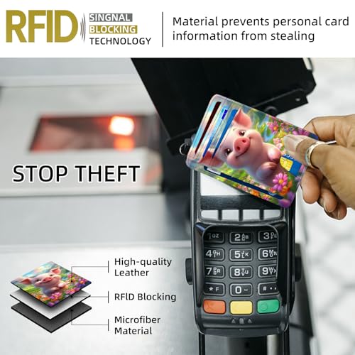 Rfid Blocking Slim Wallet for Women & Girls–PU Leather Card Holder with ID Window,Ultra-Thin Travel Wristlet Organizer Secure Credit Card Wallet,Pink Pig and Flowers2