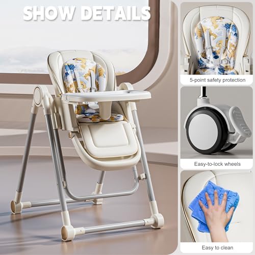 Baby High Chair,High Chairs for Babies and Toddlers,Adjustable 2-in-1 Baby High Chair,Portable Highchair for 1+ Years/Detachable PU Cushion/Locking Wheels KKK image 6 of 9 B0FFZ3KMZS