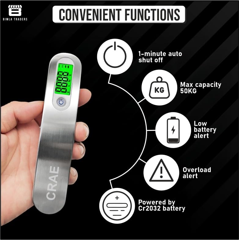 CRAE Electronic Portable Digital LED Screen Luggage Weighing Scale|Handheld Travel Weight Measuring Scale for Suitcases, Bags&Baggage, 50 kg/110 Lb For Multi-Purpose Use. Pack of 1 (JY-26) 2