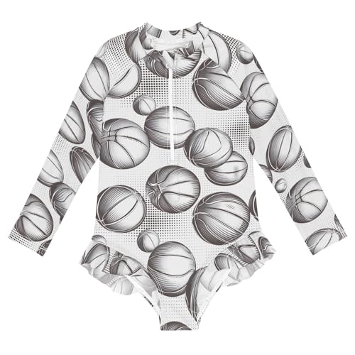 ALAZA Basketball Abstract Cartoon Girls One Piece Swimsuit Long Sleeve Rash Guard Swimsuits UV 50+ Swimwear Zipper