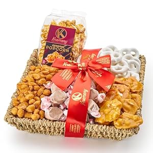 KREMERY Creamy Chocolate Cravings Purim Mishloach Manot Chocolate Covered Pretzels Caramel Popcorn Gift Basket in Seagrass Tray Ribbon Classic 15 lbs Birthday Sweet Treat Kosher Dairy