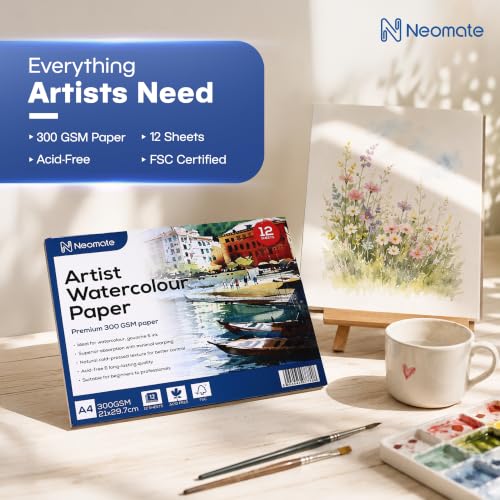 Image of Neomate Artists Watercolour Paper | 300 GSM, Size A4, Cold Pressed | Pack of 12 Sheets | Ideal for Artist, Professional Drawing, Painting Dry & Wet, Fine Arts Students