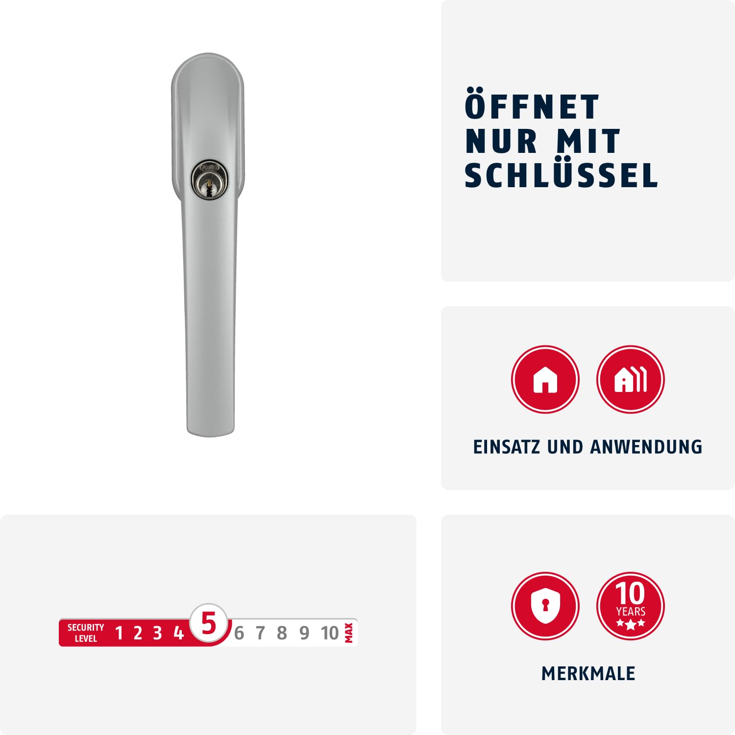 Abus Fg300 Al0089 Maniglia con Blocco Antifurto, Serratura a Spinta con Cilindro per Finestre, Chiave Maestra, Livello di Sicurezza: 5, 37384, Argento