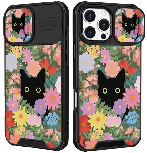Image of Funermei for iPhone 16 Pro Case - Women Girls Cute Phone Cover Girly Pretty Aesthetic Black Cat Floral Flower Unique Design with Camera Cover Funda for Apple for iPhone 16 Pro