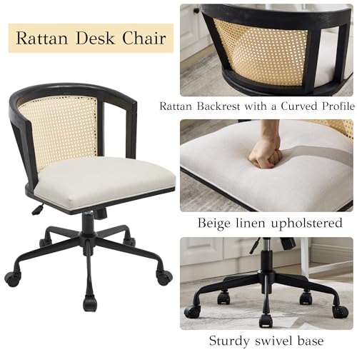 BESTANO Rattan Home Office Chair Desk Chair with Wheels, Linen Upholstered Adjustable Swivel Rolling Height Computer Task Chair with Armrest for Living Room Bedroom Study Room, Black Wood Frame - Thumbnail 4