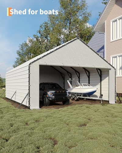 Image of GarveeLife Heavy-Duty PE Enclosure Kit (2-Pack) for Metal Carport - 220gsm Roll-Up Zipper Door Panels for 20x25, 20x20 ft, with Ball Bungees, White