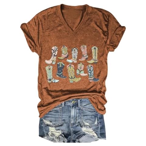 Western Country Shirt for Women Cowgirl Cartoon Boots V Neck Short Sleeve Tops Vintage Cowboy Graphic Tees(Brown,L) Cover