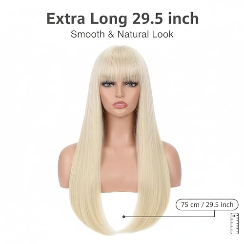 Miniatura 3 de Sabosi Peluca larga rubia con flequillo, peluca larga y recta para mujer, peluca sintética de cosplay sin encaje, aspecto natural, disfraz rojo,