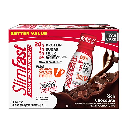 SlimFast Advanced Energy Rich Chocolate Shake  Ready to Drink Meal Replacement  20g of Protein  11 fl oz Bottle  8 Count - Pantry Friendly