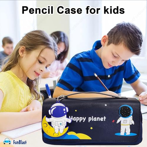 Image of FunBlast Multi-Purpose Pouch - Double Compartment Large Capacity Pouch - Happy Planet Zipper Pencil Case for Kids, Pencil Box for Kids, Stationary Pouch for Students School Supplies (Navy Blue)