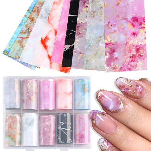 Furtherpretty 10 Rolls Marble Nail Foil Transfer Set, Colorful Marbling Nail Foil Transfer Sheets for Nail Art, Blue Pink White Black Marble Foil Decoration for DIY Manicure, papel foil para uñas (#3)